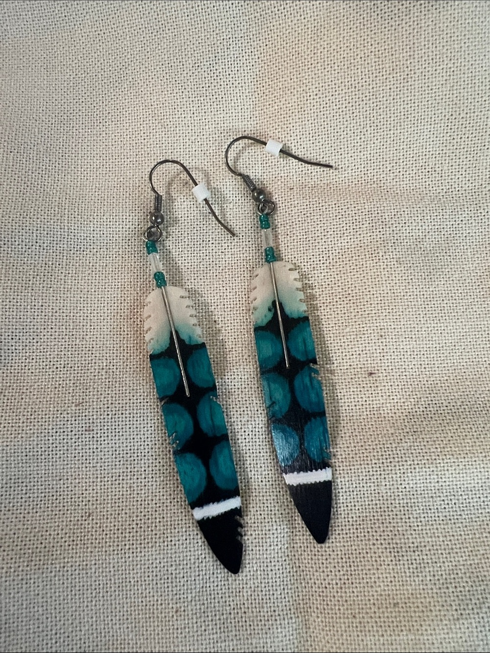 Handcrafted Bone Hand Painted Teal Feather Drop Earrings